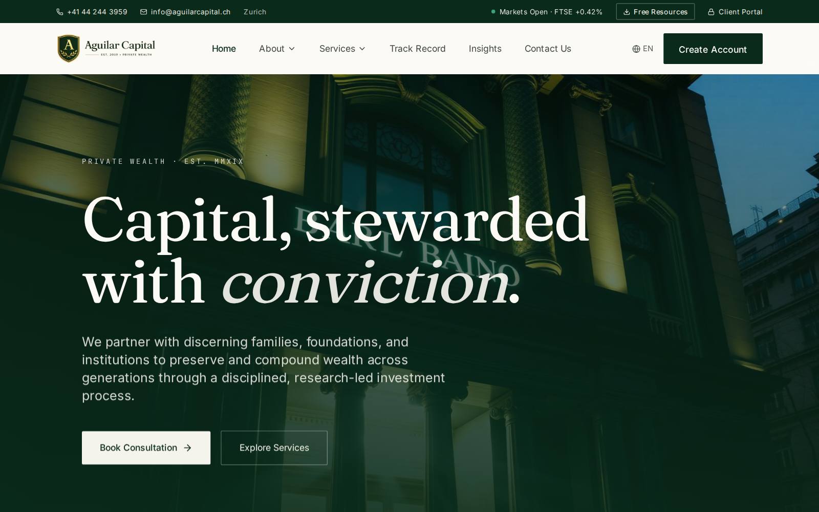 Screenshot of the aguilarcapital.ch website, captured 21 July 2026