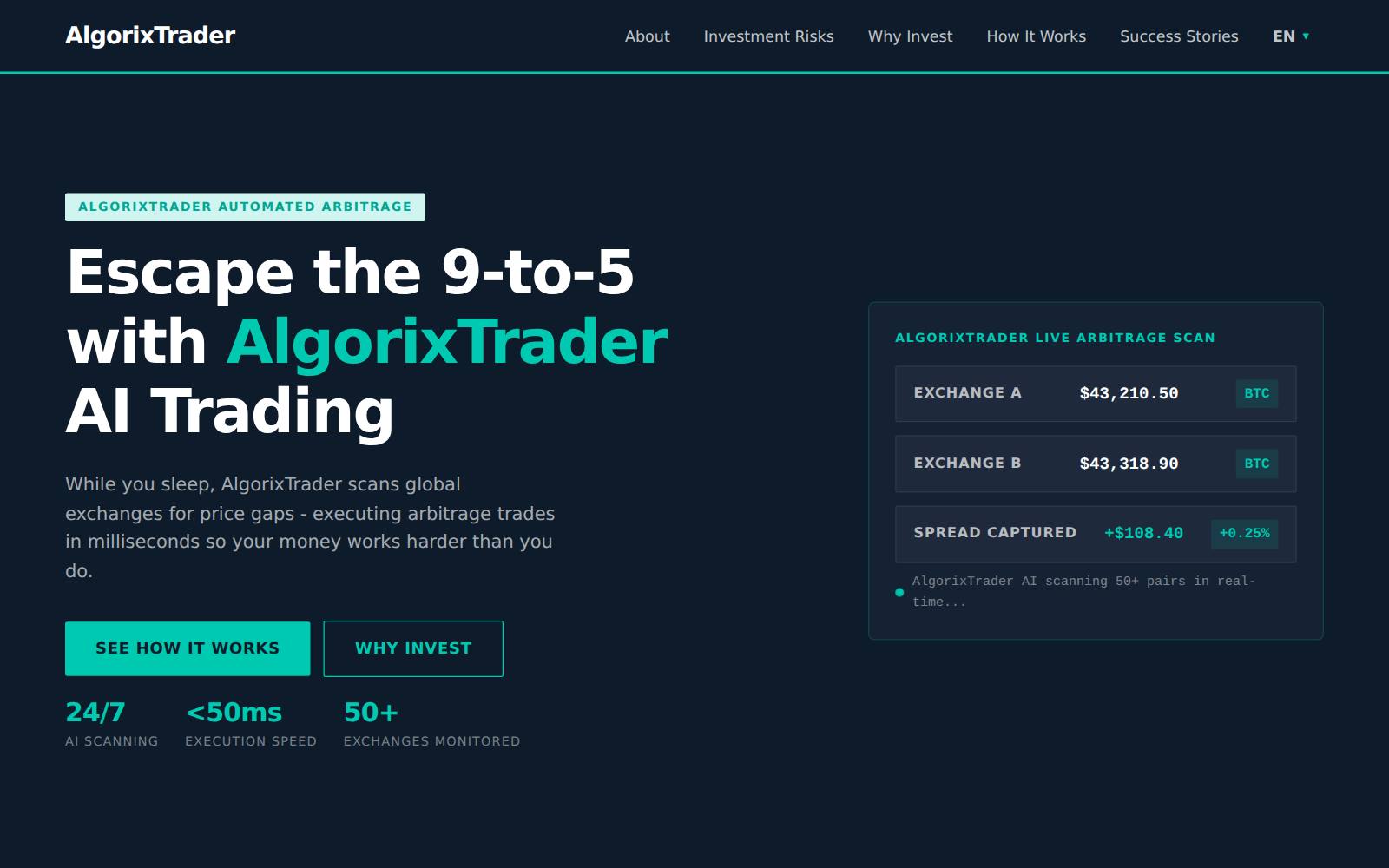Screenshot of the ALGORIXTRADER website, captured 21 July 2026