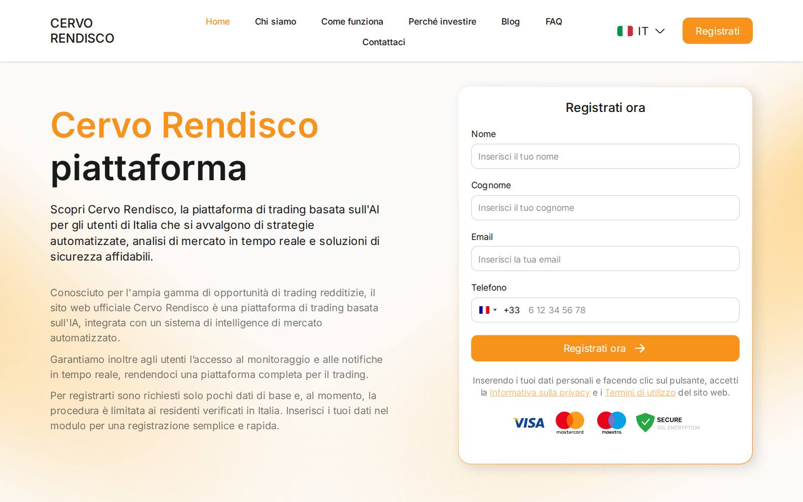 Screenshot of the Cervo Rendisco website, captured 25 July 2026