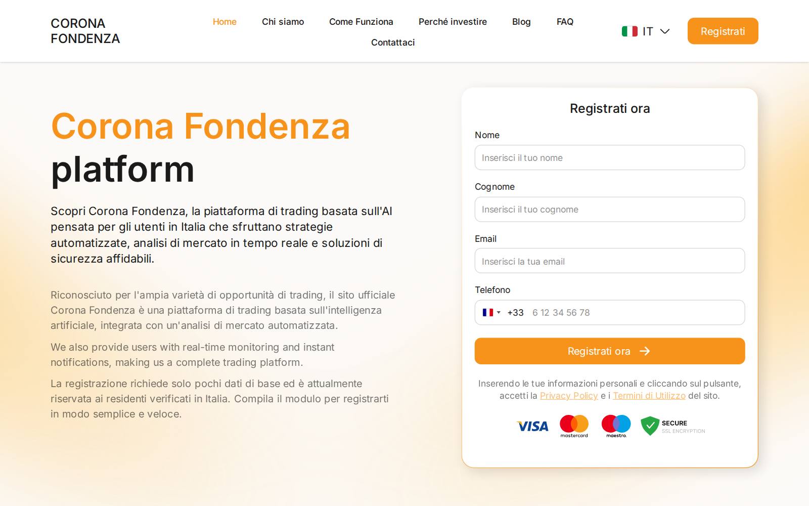 Screenshot of the Corona Fondenza website, captured 25 July 2026