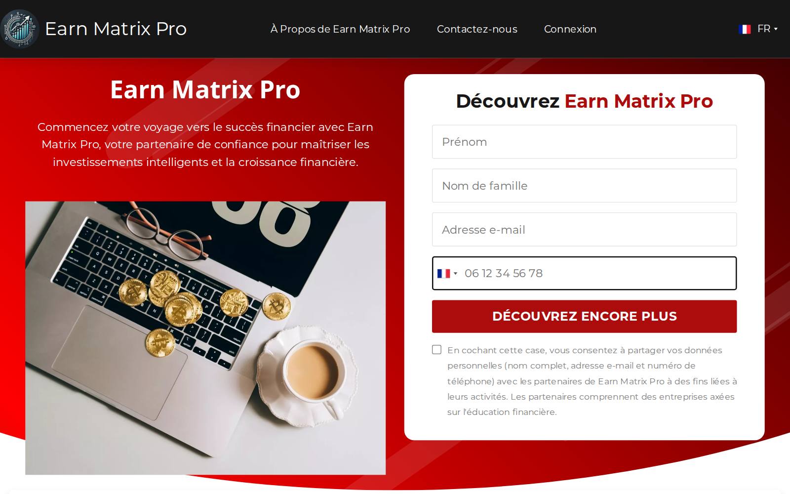 Screenshot of the EARN MATRIX PRO website, captured 29 July 2026