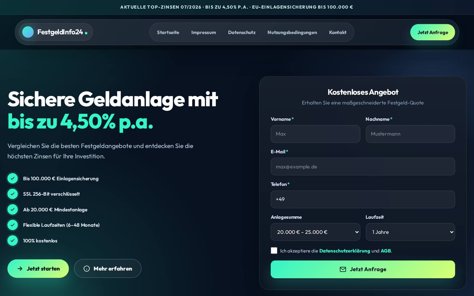 Screenshot of the Festgeldinfo24 website, captured 21 July 2026