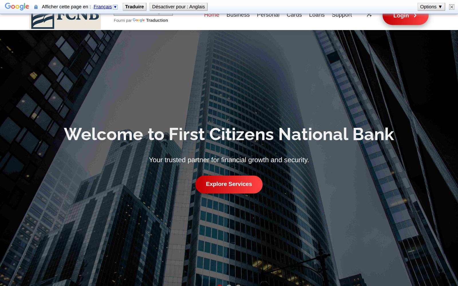 Screenshot of the First Citizens National Bank website, captured 26 July 2026