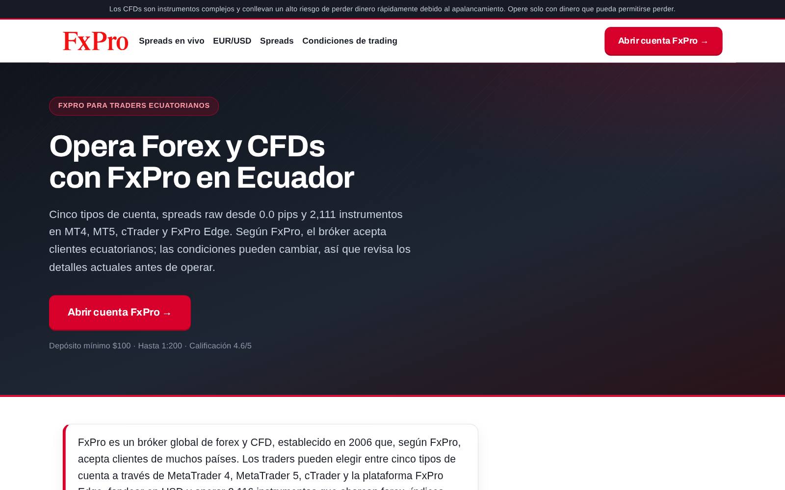 Screenshot of the FxPro Ecuador website, captured 21 July 2026