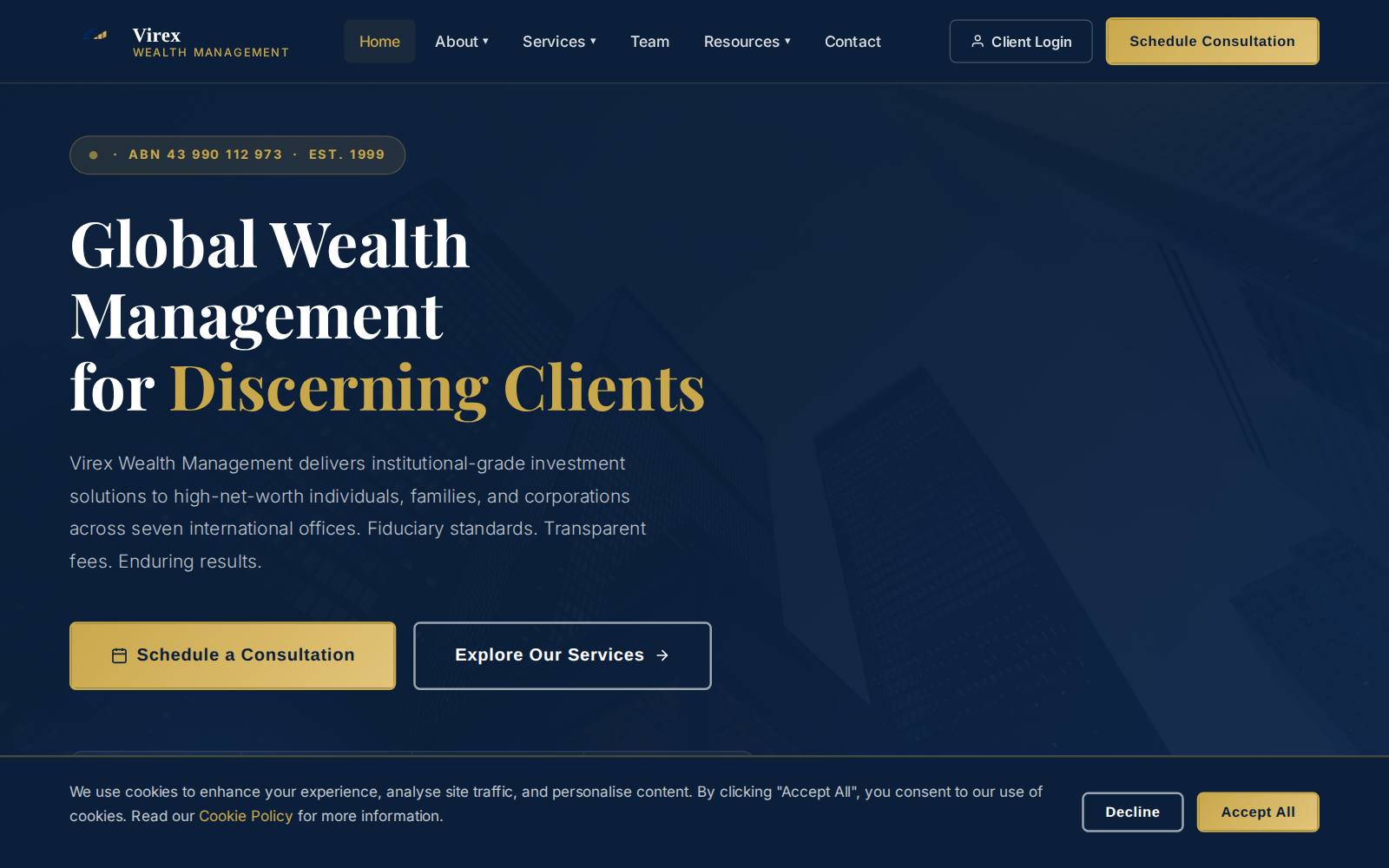 Screenshot of the Virex Wealth Management website, captured 21 July 2026