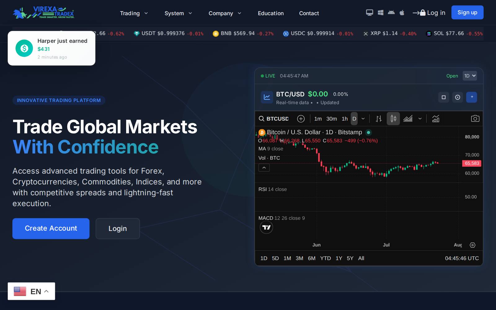Screenshot of the VIREXA TRADEX website, captured 23 July 2026