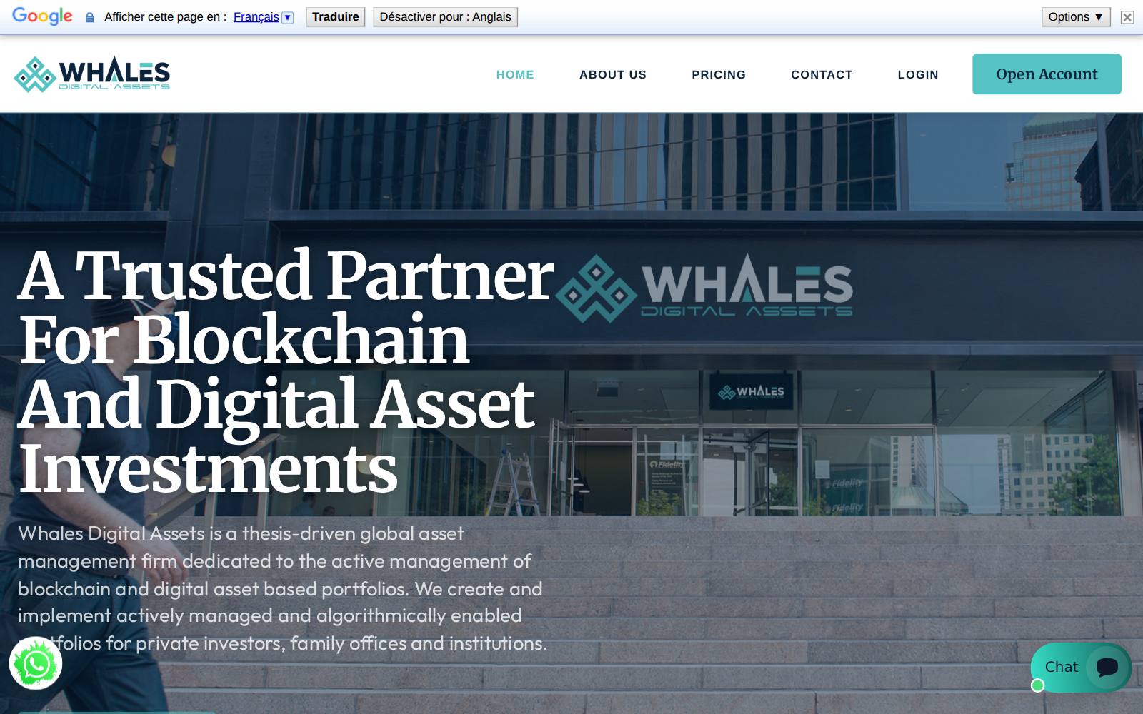 Skjermbilde av nettstedet Whales Digital Assets, 21. juli 2026